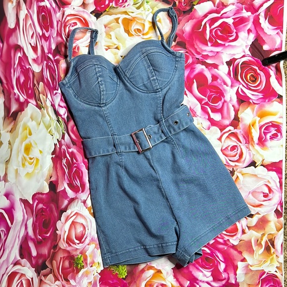 Denim Blue Romper with Belt Fashion Nova - Picture 2 of 4